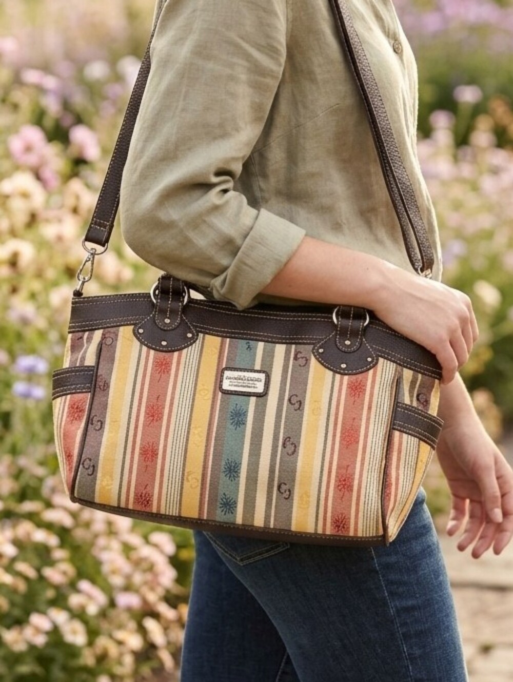 CARIBBEAN JOE Striped Tote Bag in Multicolor with Brown Trim